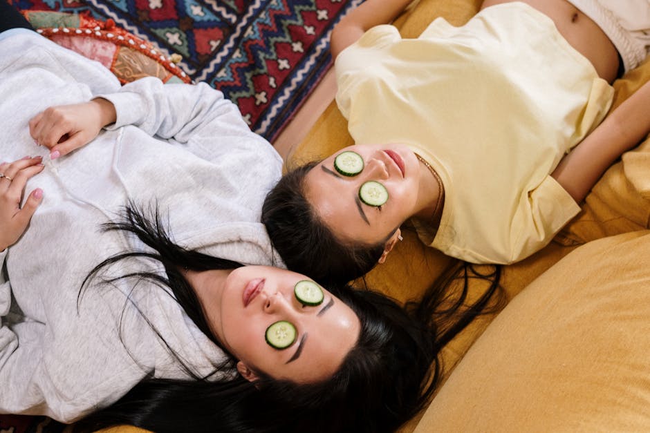Fresh cucumber slices placed on eyes for soothing treatment